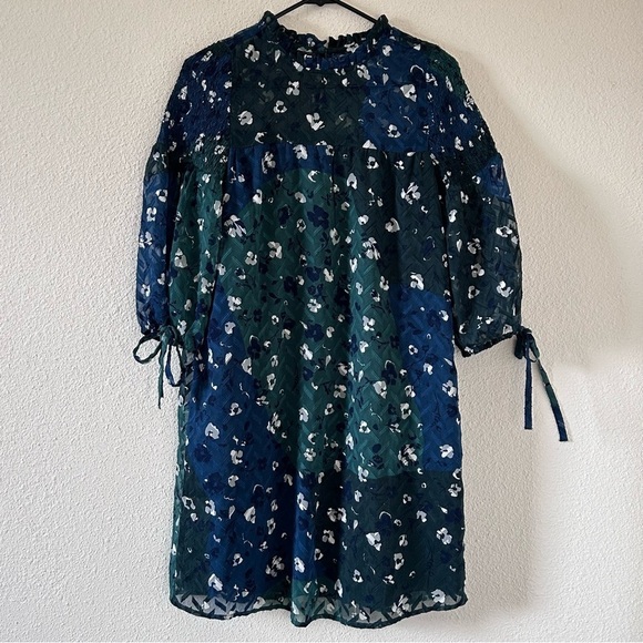 Susina Women’s Dress XSmall Green Blue Relax Drop Smock Shoulder Puff Sleeves - Picture 1 of 15